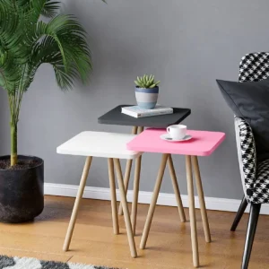 Masa cafea patrata cu picioare din lemn din 3 piese roz, alb, gri