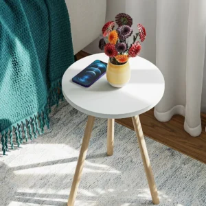 Masa cafea rotunda alba cu picioare din lemn