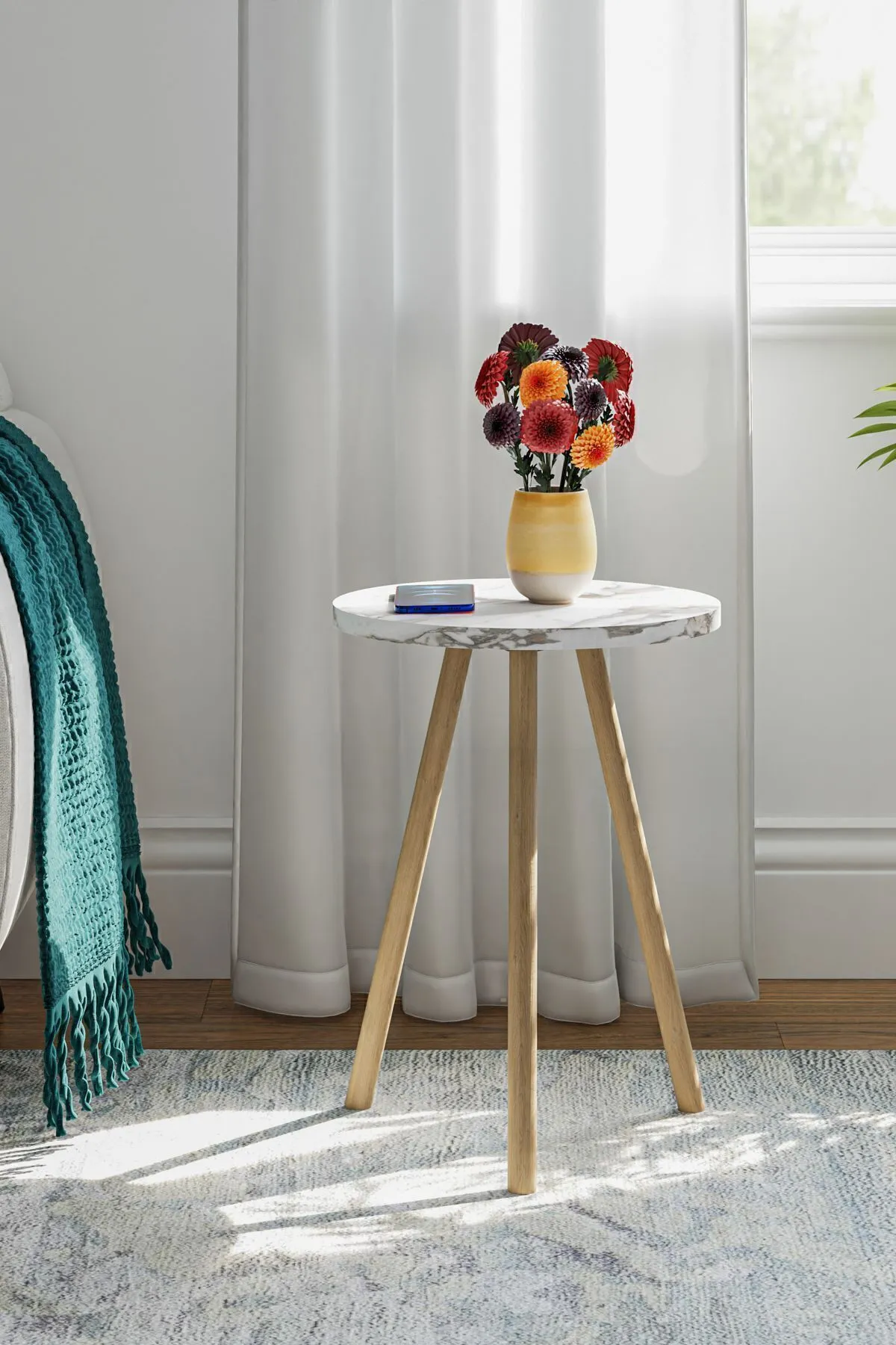 MASĂ CAFEA ROTUNDĂ CU PICIOARE DIN LEMN, 1 PIESĂ - MARMURĂ ALBĂ - Image 2