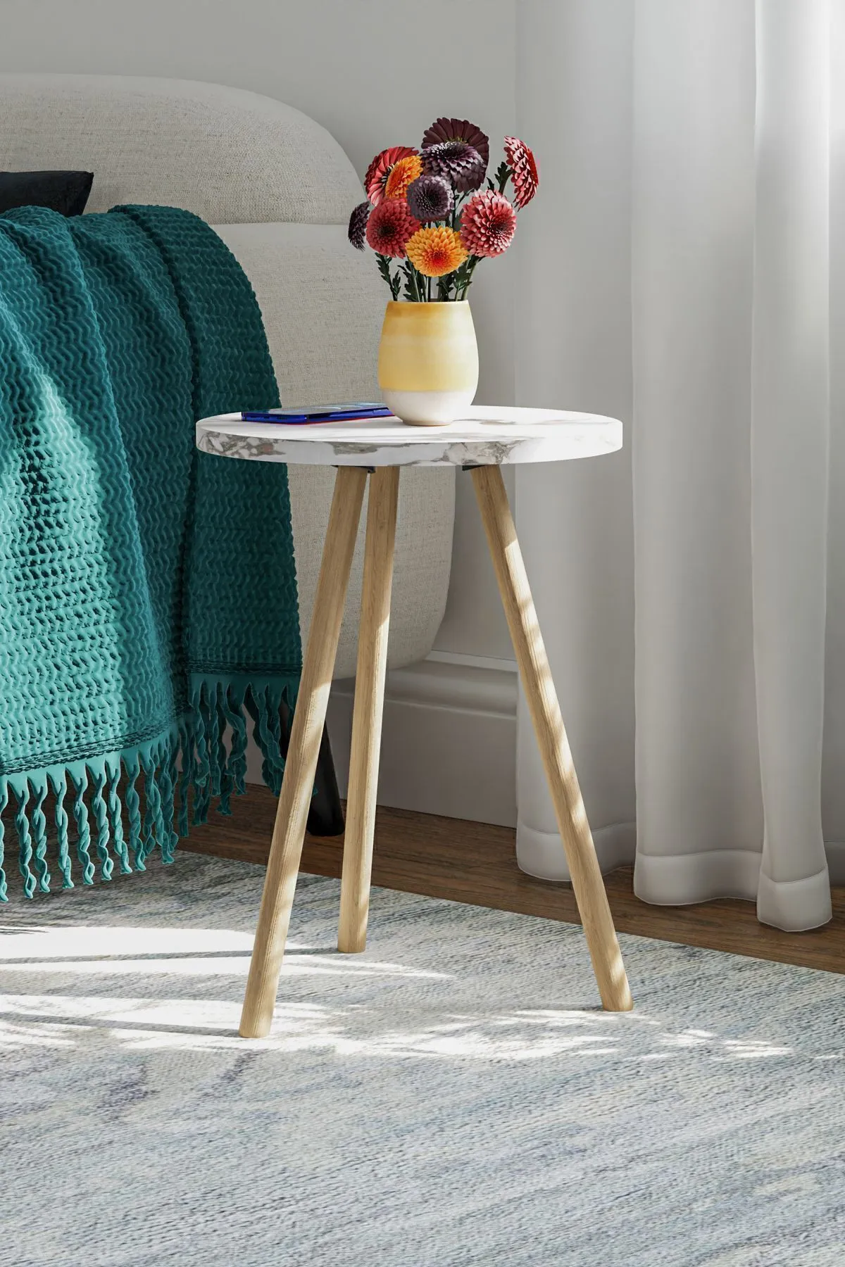 MASĂ CAFEA ROTUNDĂ CU PICIOARE DIN LEMN, 1 PIESĂ - MARMURĂ ALBĂ - Image 3