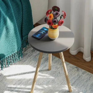 Masa cafea rotunda gri cu picioare din lemn