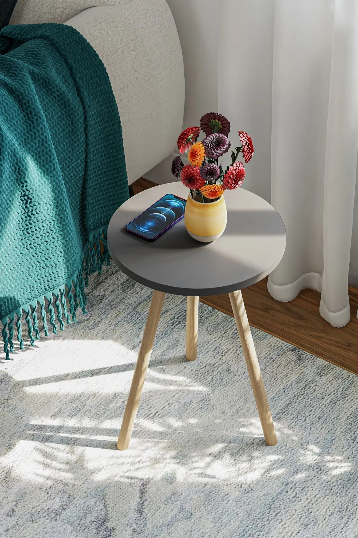 Masa cafea rotunda gri cu picioare din lemn