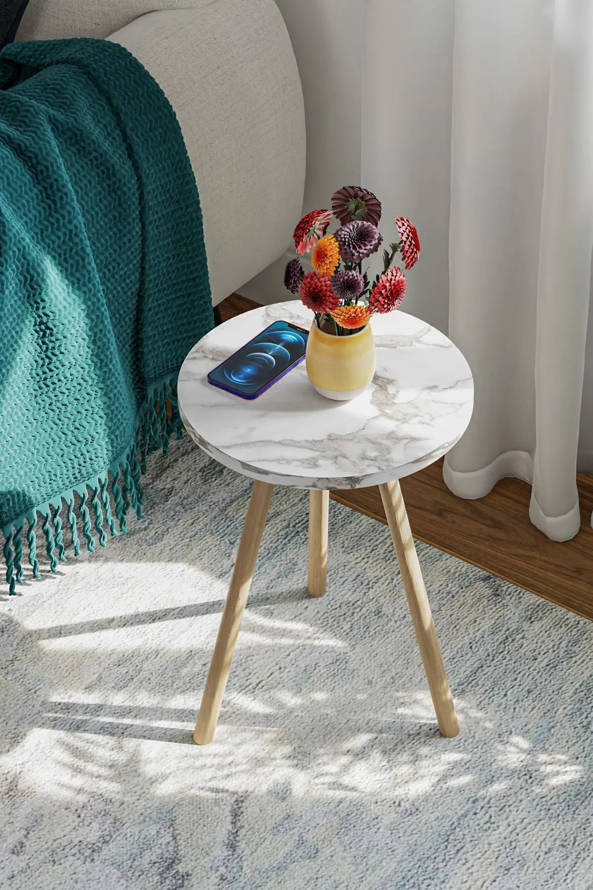 Masa cafea rotunda cu picioare din lemn culoarea marmura alba