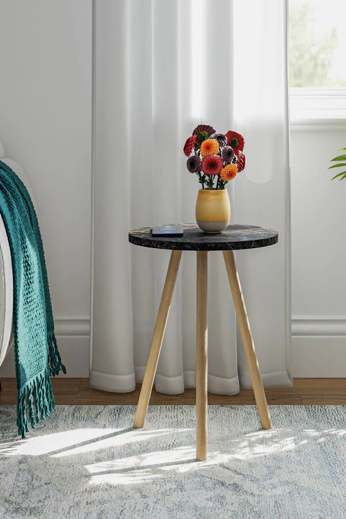 MASĂ CAFEA ROTUNDĂ CU PICIOARE DIN LEMN, 1 PIESĂ - MARMURĂ NEAGRĂ - Image 6