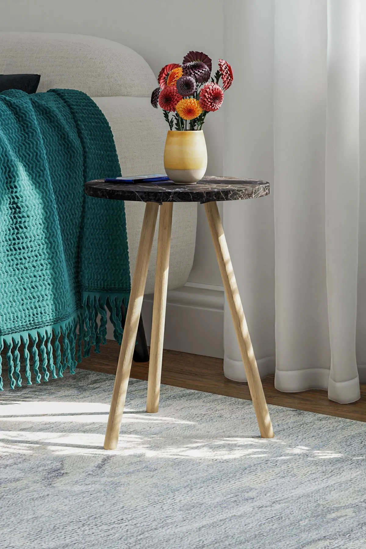 MASĂ CAFEA ROTUNDĂ CU PICIOARE DIN LEMN, 1 PIESĂ - MARMURĂ NEAGRĂ - Image 5