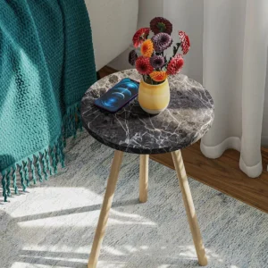 Masa cafea rotunda marmura neagra cu picioare de lemn