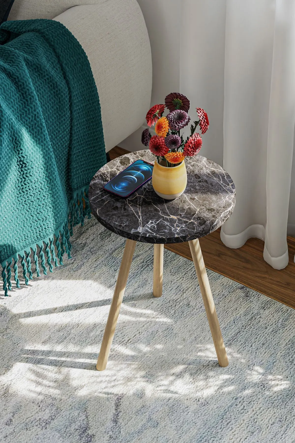 Masa cafea rotunda marmura neagra cu picioare de lemn