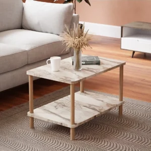 Masa dreptunghiulara marmura alba cu picioare din lemn