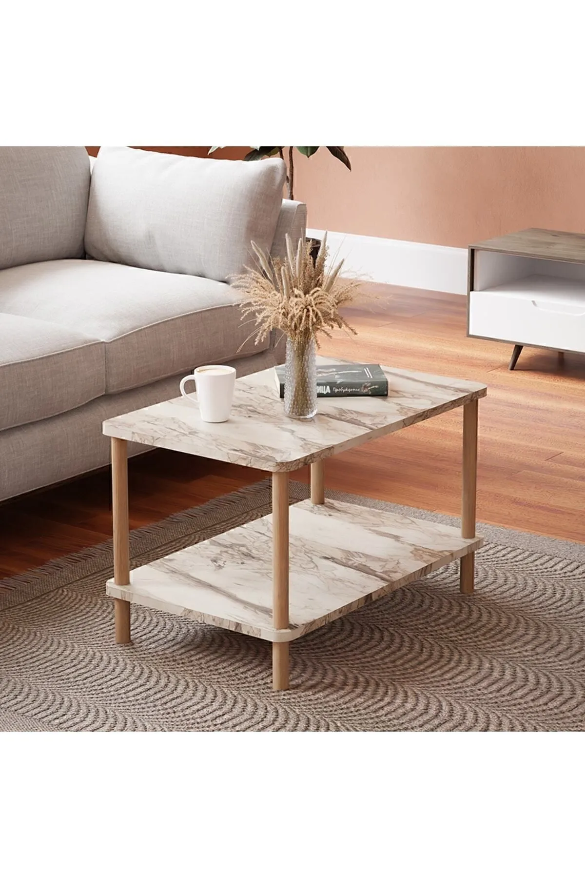 Masa dreptunghiulara marmura alba cu picioare din lemn