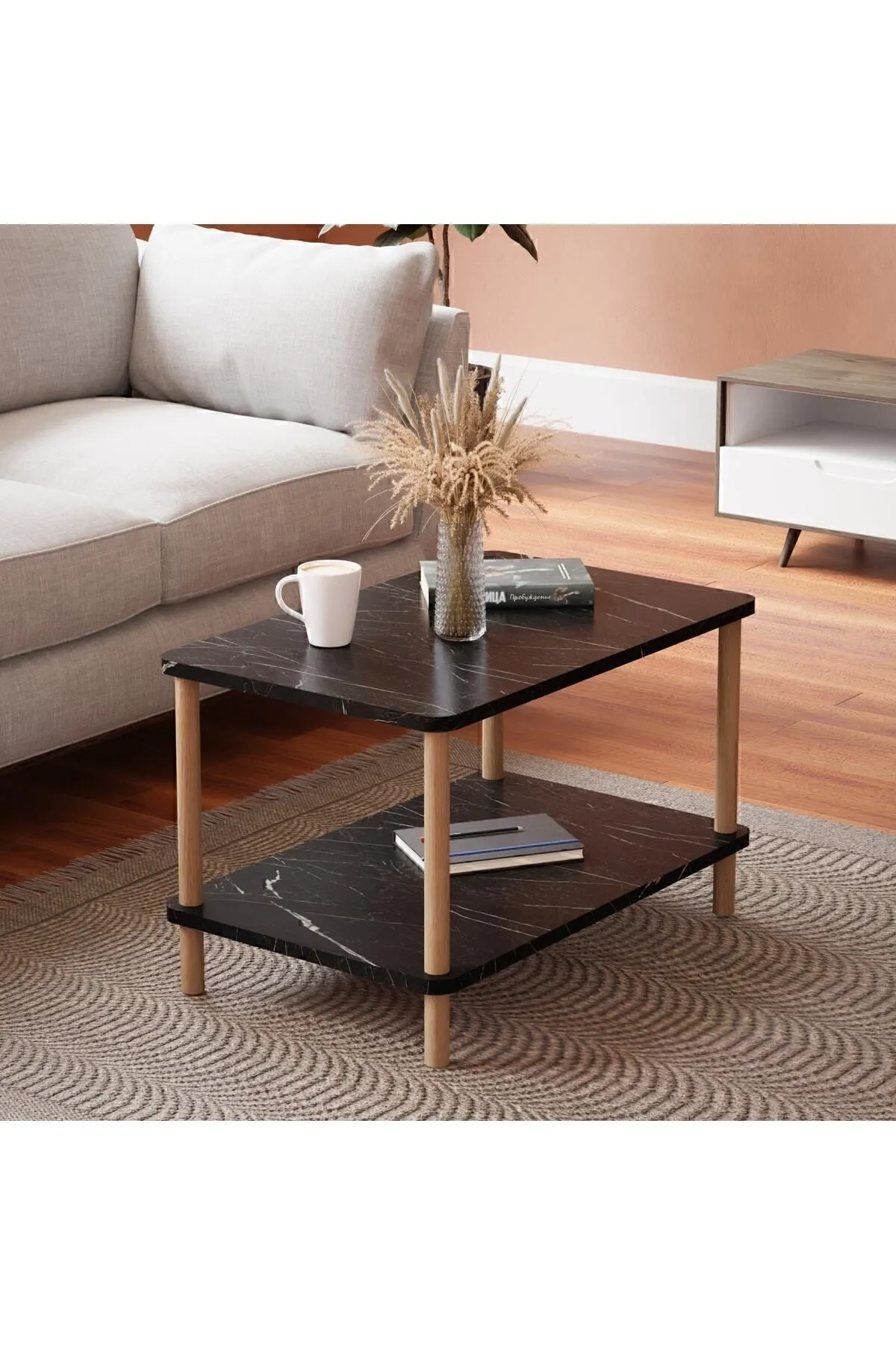 Masa cafea dreptunghiulara cu picioare din lemn marmura neagra