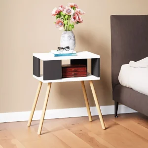 Noptiera alb cu gri decorativa cu picioare de lemn