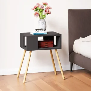 Noptiera gri decorativa cu picioare din lemn